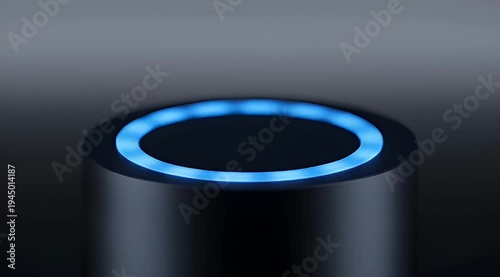 Illuminated cylindrical device in low light, showing a futuristic aesthetic with blue glow