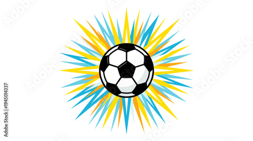 Soccer ball with burst of blue and yellow abstract shapes