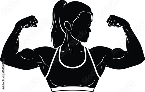 Strong female bodybuilder flexing muscles silhouette fitness woman athlete strength training bodybuilding sport power vector illustration isolated
