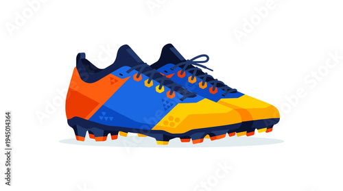Pair of stylized soccer cleats with blue, orange, and yellow color blocking