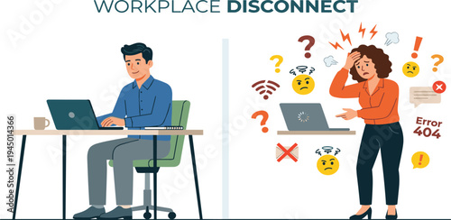Workplace efficiency versus digital frustration showcasing a calm, productive employee and a stressed colleague dealing with connectivity and technical issues