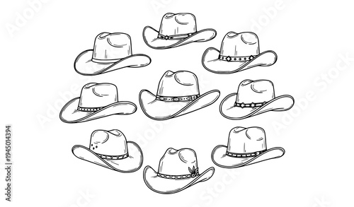 Western cowboy hat line art vector set hand drawn wild west hat collection black outline illustration