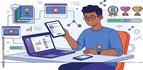 Young man immersed in a dynamic online learning environment, utilizing digital devices to access educational content, track progress, and develop new skills for professional growth