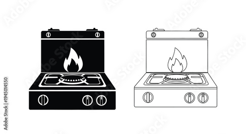 Portable gas stove illustrations in black and white side by side comparison