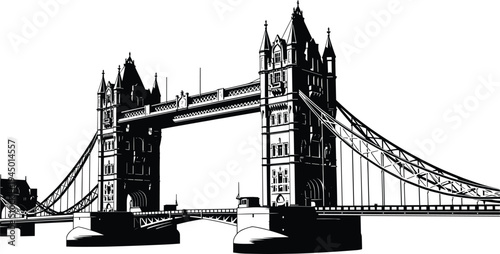 Tower Bridge London silhouette vector illustration, famous British landmark architecture over Thames River, historic travel destination isolated black design.