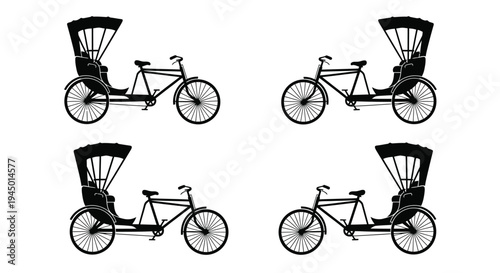 Four black silhouettes of traditional rickshaws or cycle rickshaws arranged in a grid