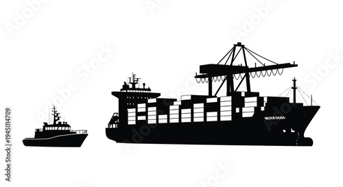 A silhouette of a large container ship being guided by a tugboat