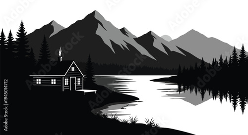 A serene black and white landscape featuring a cabin by a calm lake