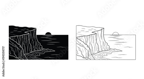 Dramatic coastal cliffs and seascapes illustrated in a minimalist black and white style