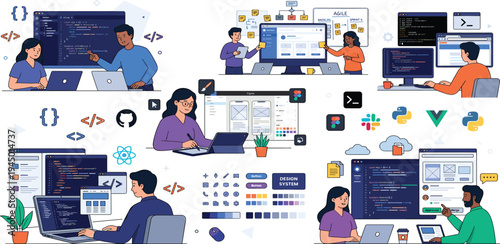 Illustrations of programmers collaborating on coding projects, with UI elements and programming languages displayed