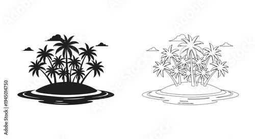 Tropical island scenes with palm trees in black and white styles