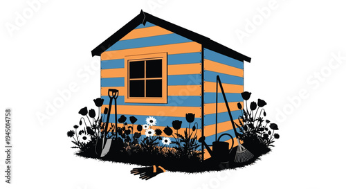 Colorful garden shed with tools and blooming flowers in front