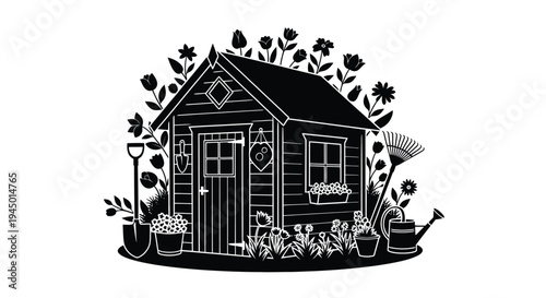 Charming black and white illustration of a garden shed surrounded by flowers