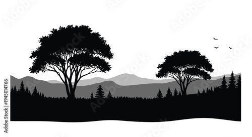 Silhouetted trees against a mountainous landscape with a gradient sky
