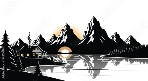 A cozy cabin nestled by a lake and framed by majestic mountains