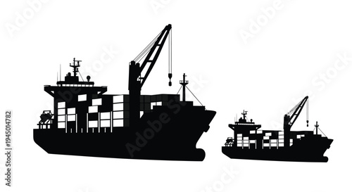 Silhouetted cargo ships and tugboat on calm waters maritime transport