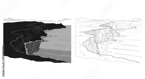 Coastal cliffs presented in grayscale and line art showing rugged terrain