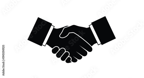 A simple black and white illustration depicting a firm handshake between two hands