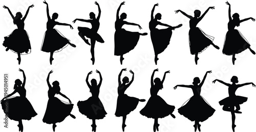 Collection of black ballerina silhouettes performing various ballet poses, classical dance movements, and graceful artistic positions for performance and theater designs.