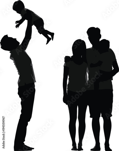 Black silhouette of happy family with father lifting child and parents standing together, isolated on white background for insurance, love, and togetherness concepts.