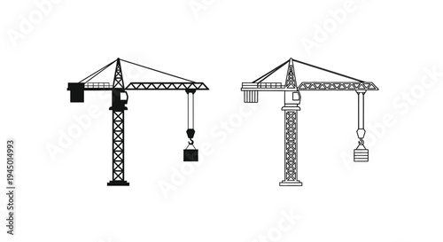 Two black and white line drawings of tower cranes with suspended loads