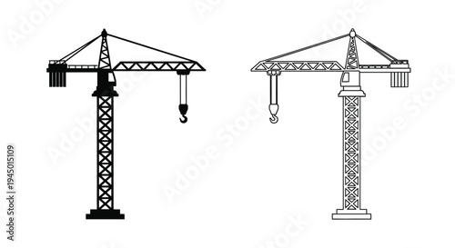 Two black and white illustrations of construction tower cranes side by side