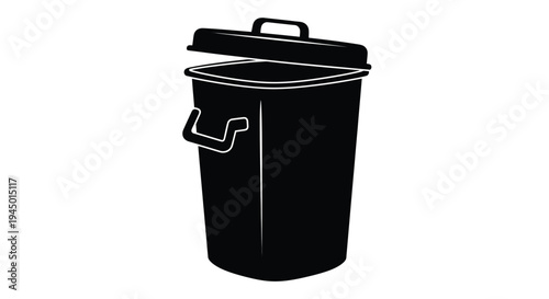 Black and white illustration of a metal trash can with lid