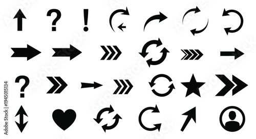Collection of black arrow question mark and circular symbols