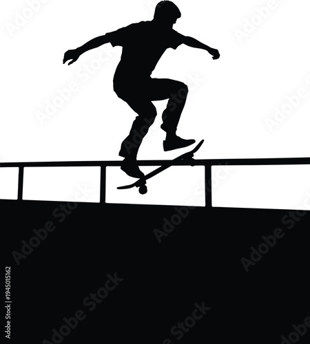 Black Skateboarder Silhouette Vector Performing a Rail Slide Trick at a Skatepark Isolated on White Background for Extreme Sports Branding and Urban Youth Posters