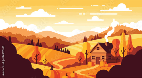 Serene Autumn Landscape with House and Rolling Hills.