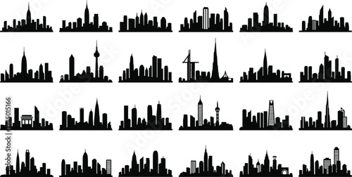 World city skyline silhouettes collection featuring famous global landmarks, skyscrapers and urban architecture cityscape vector set isolated black buildings.