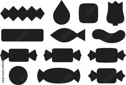 Collection of Black Candy Silhouettes and Sweet Treat Icons Including Wrapped Sweets Lollipops and Dessert Shapes for Confectionery Branding and Party Celebration Graphic Design