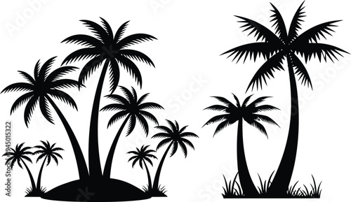 Palm tree silhouettes on a tropical beach island landscape vector illustration representing summer nature and paradise travel scenery