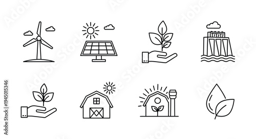 Renewable energy sources and sustainability icons in a linear style