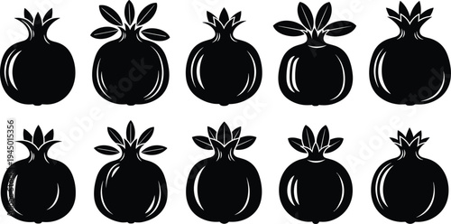 Collection of black pomegranate silhouettes with leaves, featuring different fruit shapes and organic food symbols for nature, health, and Mediterranean designs.