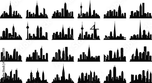 World city skyline silhouettes collection, famous global skyscraper landmarks vector set, urban architecture cityscape icons isolated black buildings illustration.