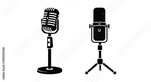 Two black and white microphone icons vintage and modern styles shown