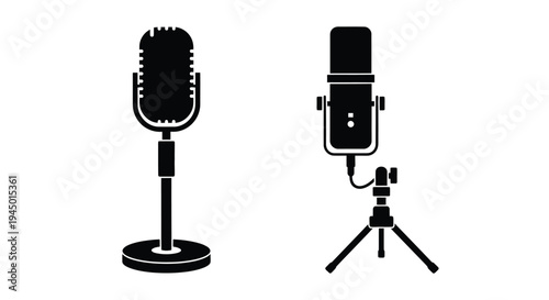 Two black microphone icons vintage style and modern studio setup