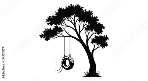 Black silhouette tree with tire swing vector illustration