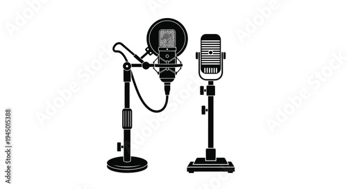 Two vintage microphones displayed in a black and white graphic illustration