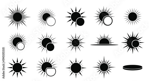 Black and white solar eclipse illustrations with varying phases and designs