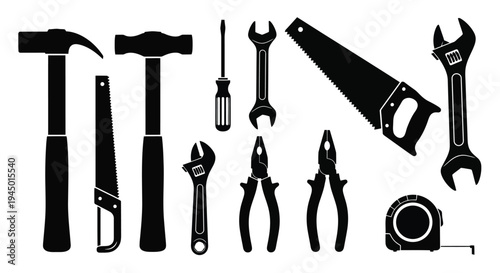 Selection of black silhouette hand tools displayed in a linear arrangement