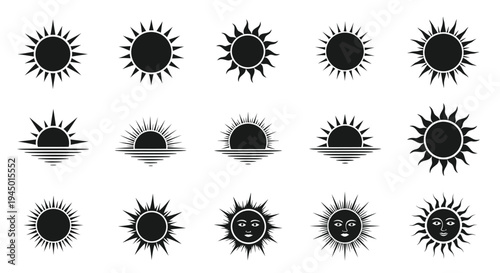 Black and white sun icons and stylized faces with radiating lines
