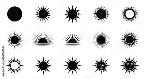 Black and white sun icons displaying various styles and phases