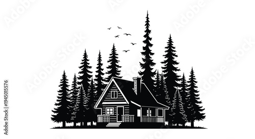 Black and white illustration of a cabin nestled within a dense forest