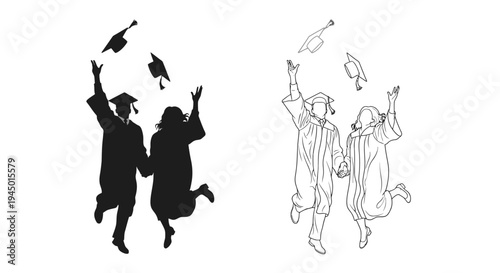 Celebratory graduation scene depicting students joyfully tossing caps in the air