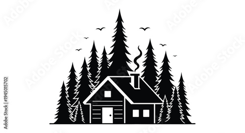 A minimalist black and white illustration of a cabin nestled within a dense forest