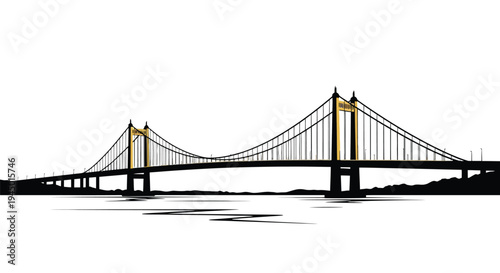 A black and white illustration of a suspension bridge over water