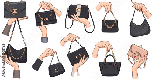 Women Hands Holding Stylish Fashion Handbags Collection with Luxury Purses Chain Bags and Modern Female Accessories Flat Vector Illustration Set
