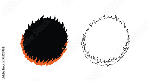 Two circular designs a filled black form with flames and a white outline